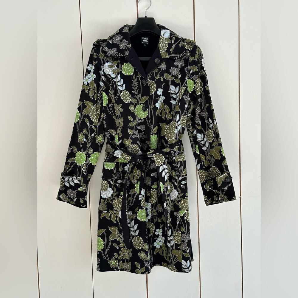 Vintage Black Trench Coat with Green and White Floral Pattern